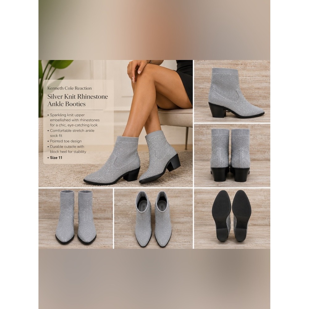Kenneth Cole Reaction Silver Knit Rhinestone Ankle Booties 11 NEW
